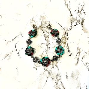 Antique Style Stainless Steel Emerald, Ruby, Teal Gem Bracelet